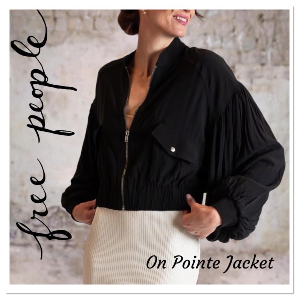Free People On Pointe Black Bomber Jacket w/ Side Pockets Sz M Viscose
